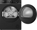 Een openstaande zwarte Hisense wasdroger met de metalen trommel zichtbaar, met een glimmende ronde deur.