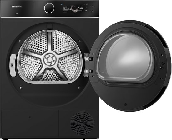 Een openstaande zwarte Hisense wasdroger met de metalen trommel zichtbaar, met een glimmende ronde deur.
