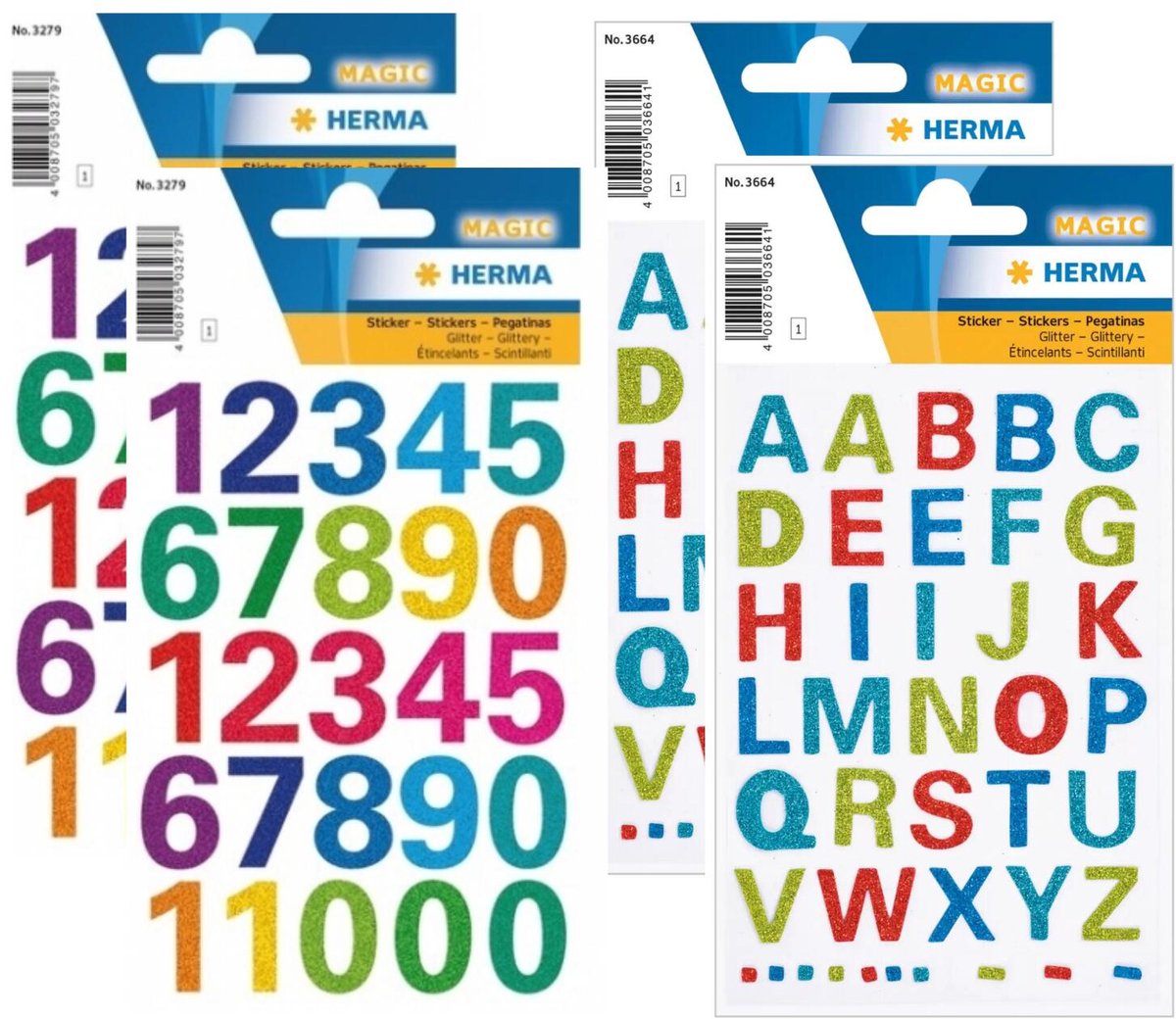 Herma stickervellen letters en cijfers - 4x vellen - gekleurd glitter - 15 mm - watervast