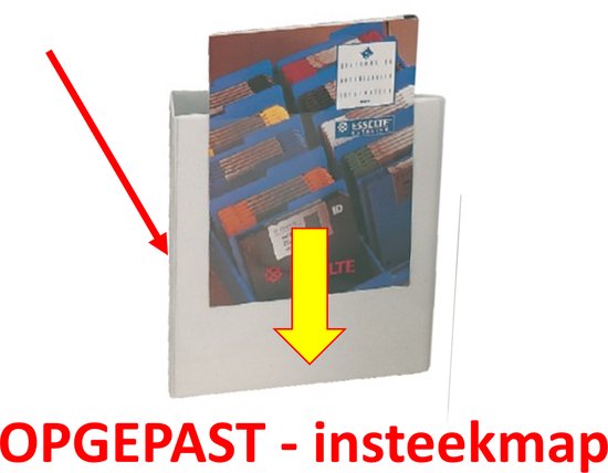 Witte insteekmap met rode pijl en gele pijl. Tekst: OPGEPAST - insteekmap.