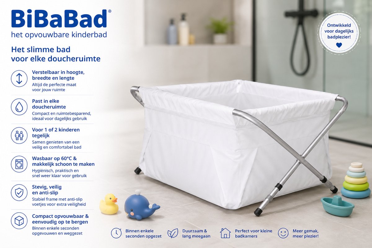 BiBaBad® Opvouwbaar Kinderbad 70-90 cm | Verstelbaar Douchebad | Babybad | Bad voor Douche | Anti-slip | Aluminium Frame | Wit