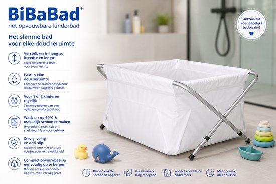 Wit opvouwbaar kinderbad met aluminium frame, ideaal voor de douche. Geschikt voor 1-2 kinderen.