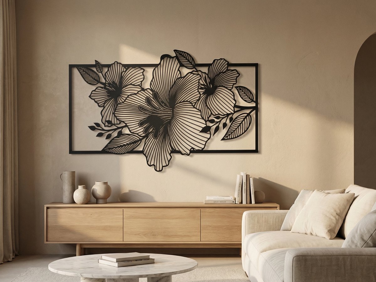 Wanddecoratie Bloemen, Houten Wandbeeld, 3D Wanddecoratie voor Thuis, Moderne Beelden voor Huis Kantoor Slaapkamer, Woonkamer en Keuken - 67x39 cm
