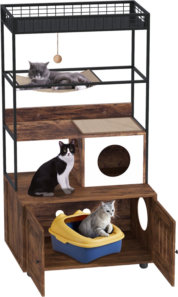 Veelzijdig houten kattenbakmeubel met opbergvakken – verborgen kattenkast met krasbestendige krabpaal en voerstation, groot binnengebruik katten-toilet voor woonkamer en hal, vintage bruin