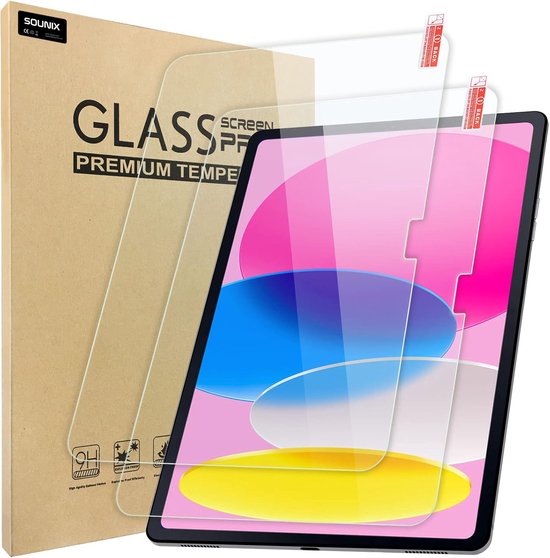 Un iPad avec un fond rose, violet et bleu, avec deux protecteurs d'écran à côté. L'emballage indique "GLASS SCREEN PROTECTOR PREMIUM TEMPERED."
