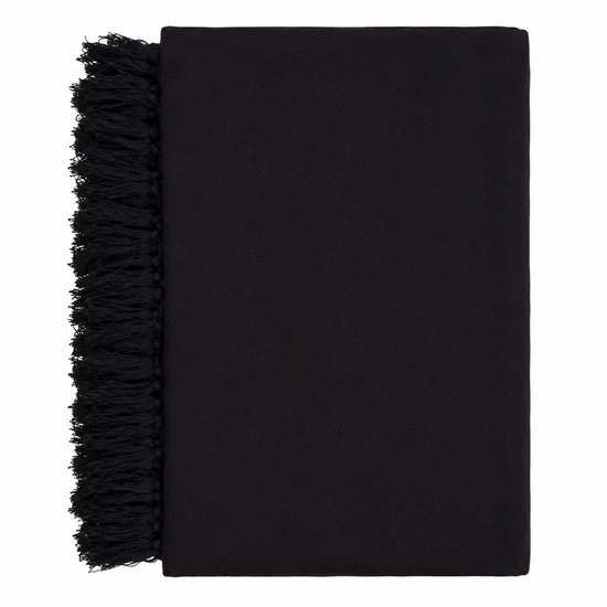 Un paréo noir rectangulaire avec de longues franges noires sur un côté.