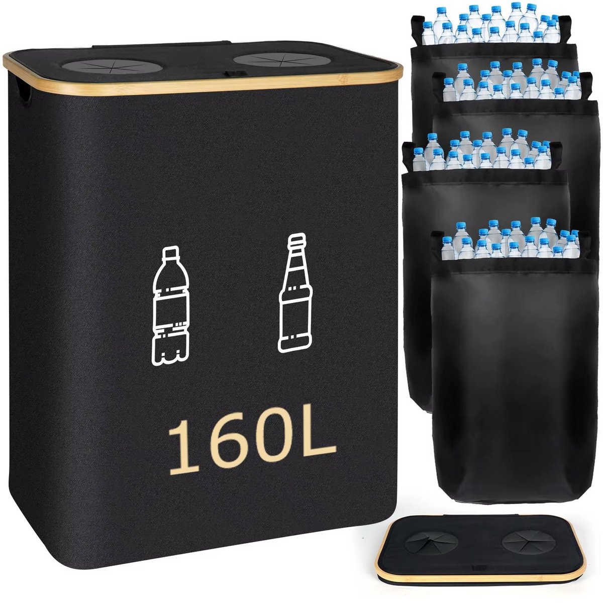 JOYNEXTBUY - Flessenverzamelaar met 4 Uitneembare Binnenzakken – 160L Recycling Opbergmand voor Statiegeldflessen en Blikjes – Opvouwbare Sorteerzak voor Binnen en Buiten