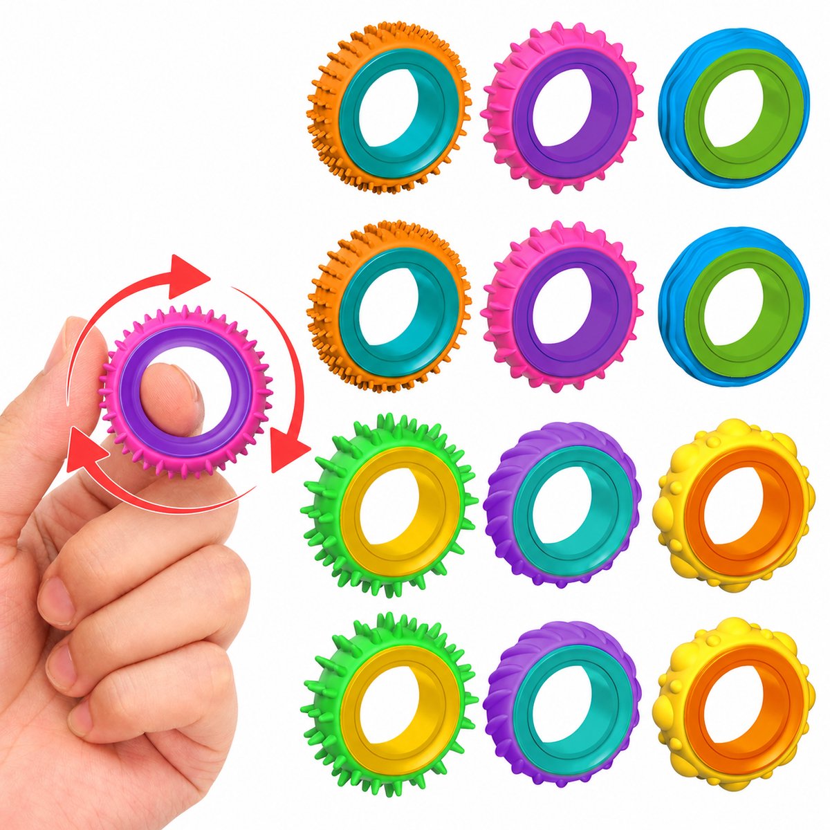 Tolvia Fidget Ringen Set - Sensorisch Speelgoed - 12 Stuks - Draaibare Vingerringen en Siliconen Textuur - Compact Anti Stress Fidget Speelgoed voor Kinderen