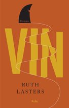 Boek 'Vin' van Ruth Lasters. Gele letters op oranje achtergrond met een zwarte vin en witte draad.