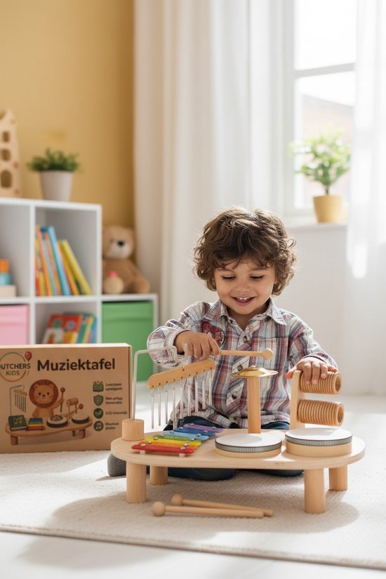 Een jongetje met krullend haar speelt op de houten muziektabel met xylofoon, trommels, cimbalen, ratel en hamer.