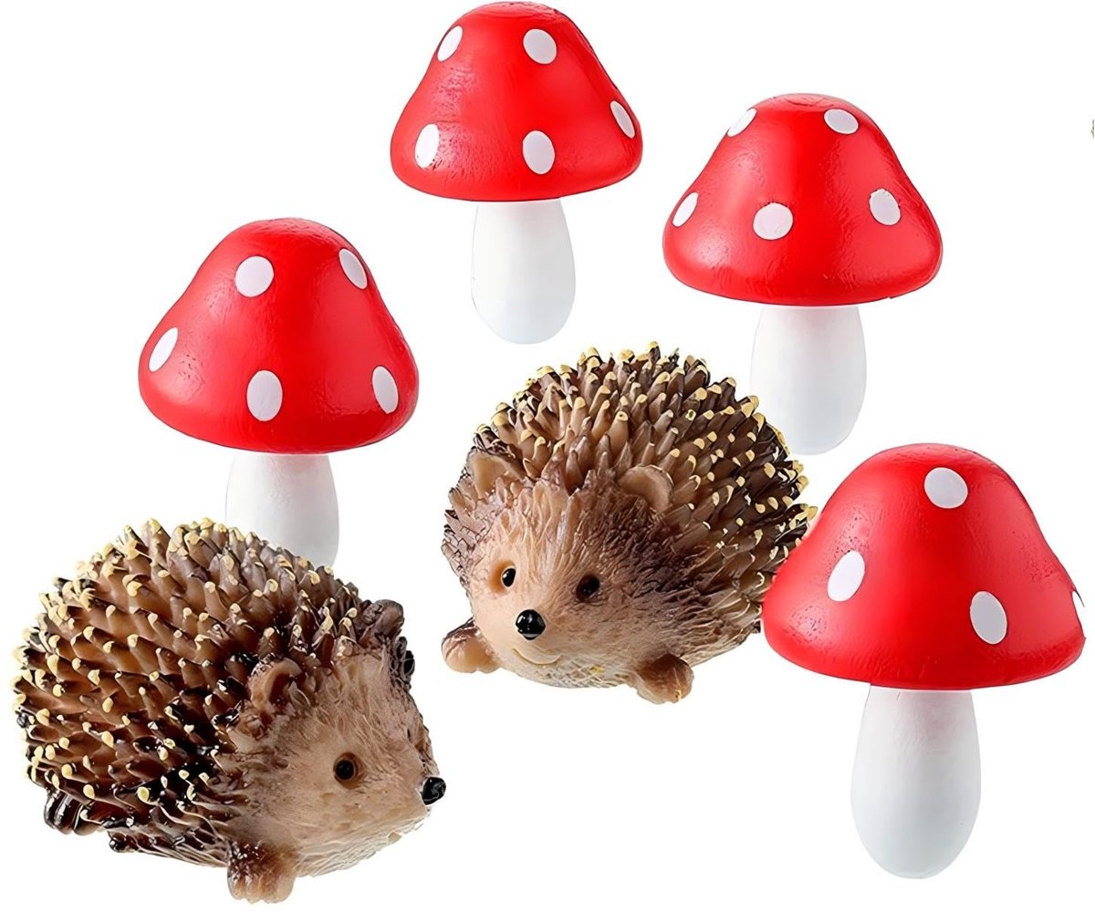 Mini Tuindecoratie Set met Egels en Paddenstoelen – 6 Stuks Hars Beeldjes voor Fairy Garden, Terrarium, Bloempot, Miniatuur Tuin Decoratie en Plant Accessoires
