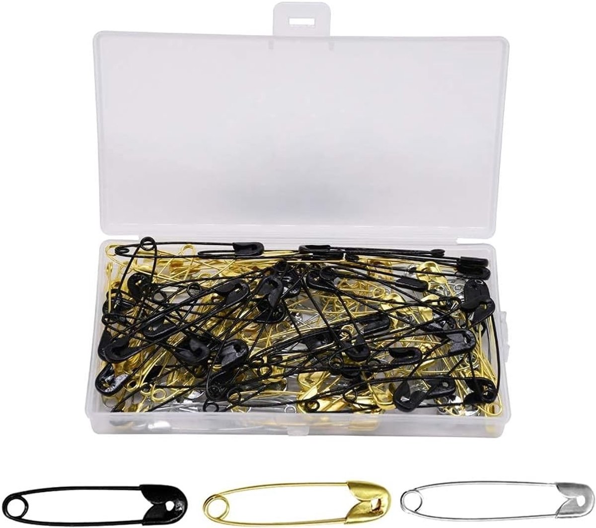 Assortiment van 300 Veiligheidspinnen in 7 Maten voor Creatieve Projecten, Kleding en Naaien in Goud, Zilver en Zwart