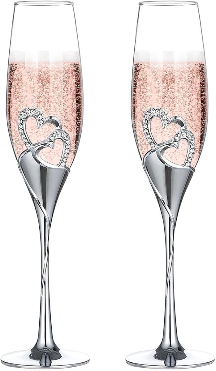 Elegante Champagneglazen voor Bruiloft: 2 Stuks Zilveren Kristallen Glazen als Perfecte Cadeau voor Verjaardagsfeest en Jubileum