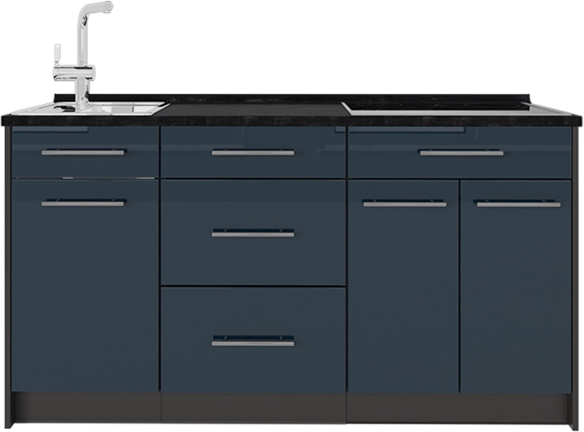 Vicco Keukenblok Fame-Line, Donkerblauw hoogglans, 150 cm zonder werkblad