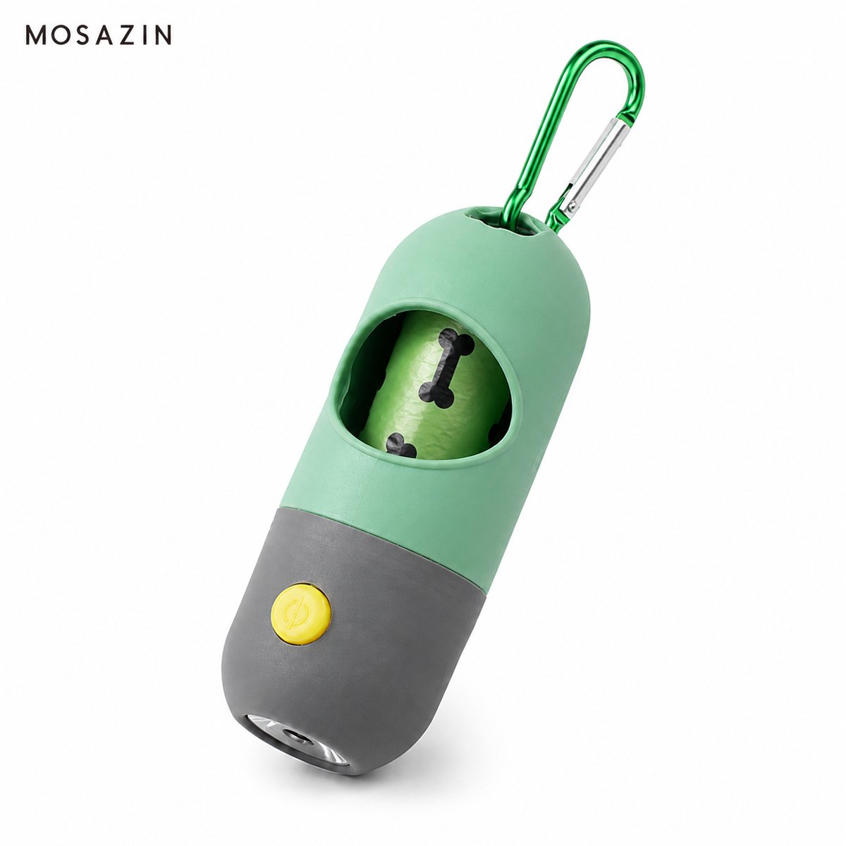 MOSAZIN Poepzakjeshouder met LED Lamp – Hondenpoepzakjes Dispenser met Karabijnhaak – Inclusief 1 Rol Poepzakjes – Groen