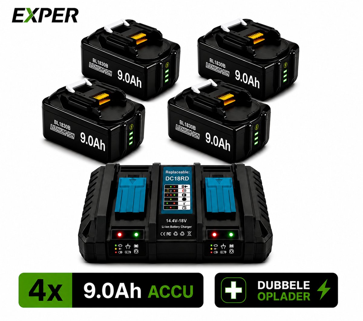 EXPER 18V Accu geschikt voor Makita - 4 Stuks - Extra Duo snellader LXT DC18RD - 18V 9.0Ah Batterij - Vervangende Accu - 9000mAh - LED display - Li-ion Accu - LED Display - Accuboormachine - 18V BL1830B BL1860B BL1840B BL1815 LXT-400 BL1850B