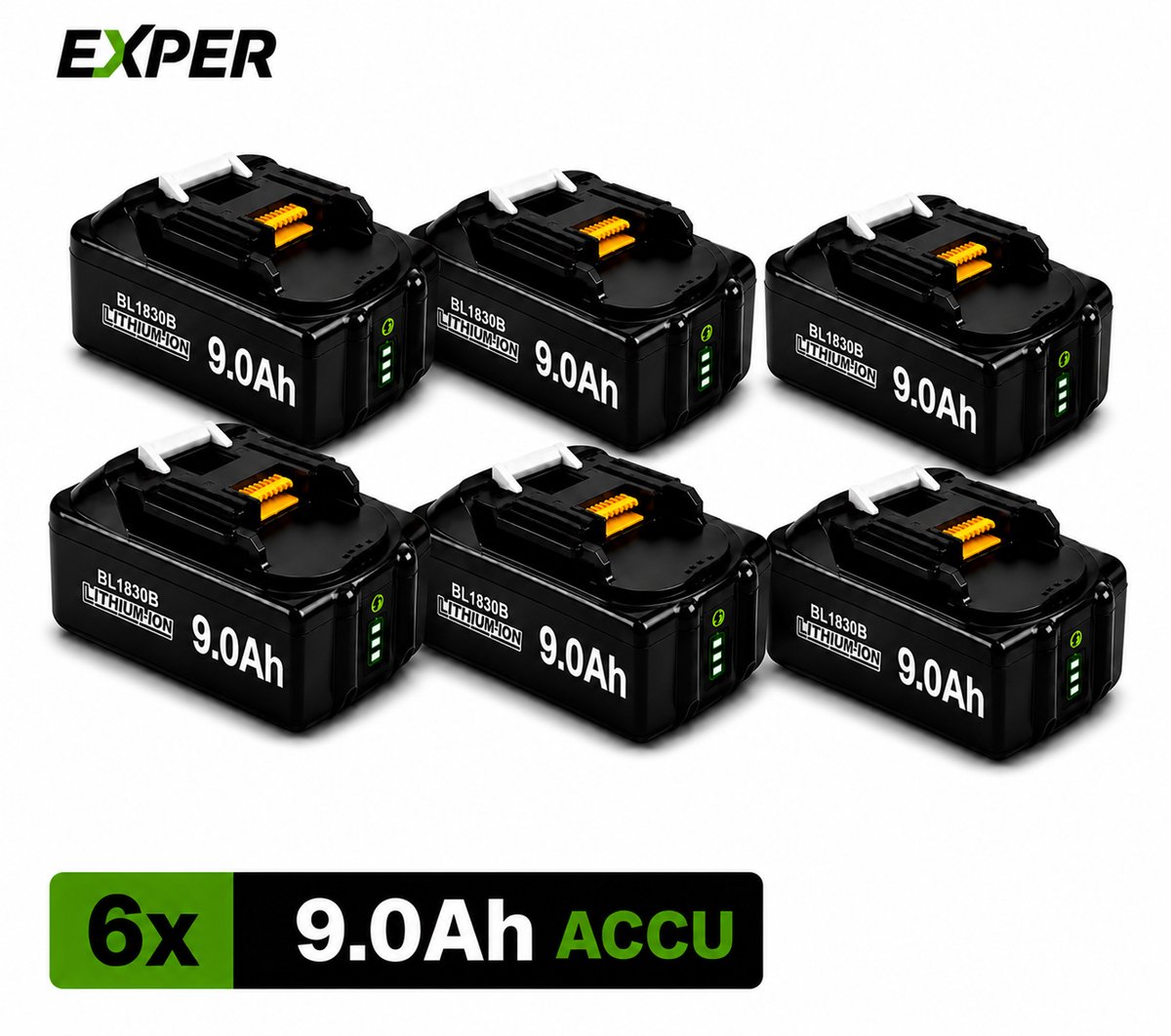 EXPER 18V Accu geschikt voor Makita - 6 Stuks -Extra Groot 9.0Ah - 18V 9.0Ah Batterij - Vervangende Accu - 9000mAh - LED display - Li-ion Accu - LED Display - Accuboormachine - 18V BL1830B BL1860B BL1840B BL1815 LXT-400 BL1850B