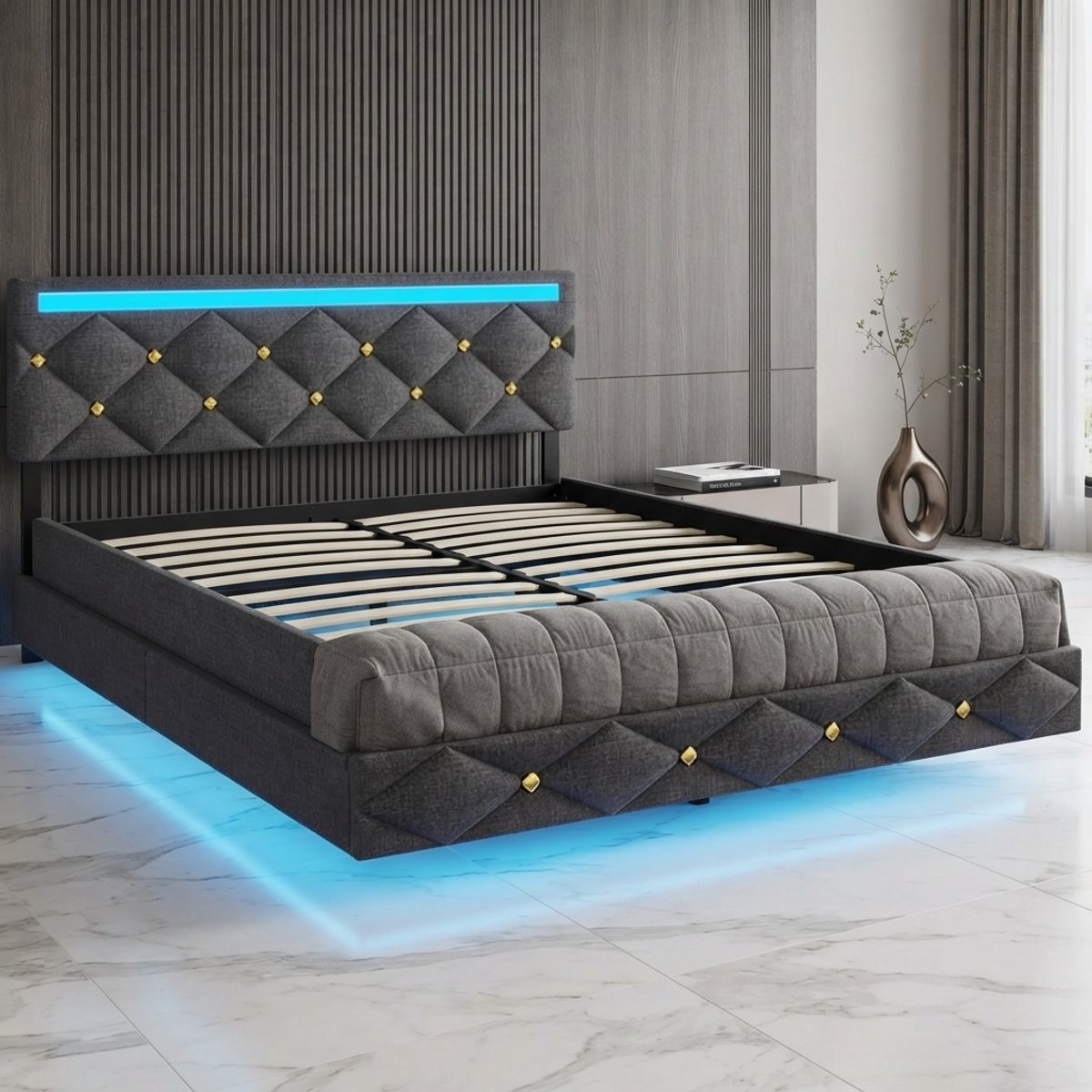 Modern LED Tweepersoonsbed 160x200 cm met USB-A & USB-C Oplaadstation – Verstelbaar Hoofdb