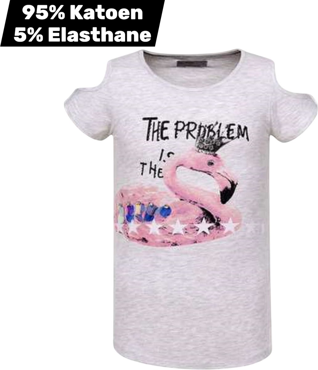 T-shirt flamingo open schouders grijs 164