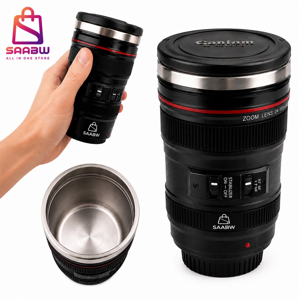 Camera Lens Thermosbeker 400ml – RVS Thermobeker met Deksel – Isoleerbeker voor Koffie, Thee en Reizen – Camera Lens Mok – Lekvrije Travel Mug – Cadeau voor Fotografen – Zwart – EAN 89775