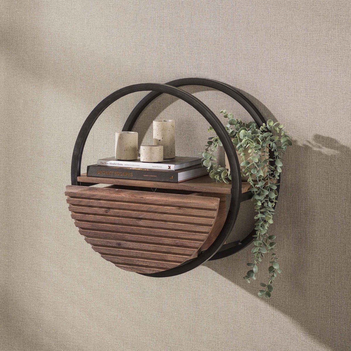 PS-Collection Wandschap Acaciahout Bruin 1 Lade Circular Ø50cm - wandplank, wandrek industrieel, wandrek metaal zwart, wandrek rond, wandrekken, wandplank zwevend, wandplank hout