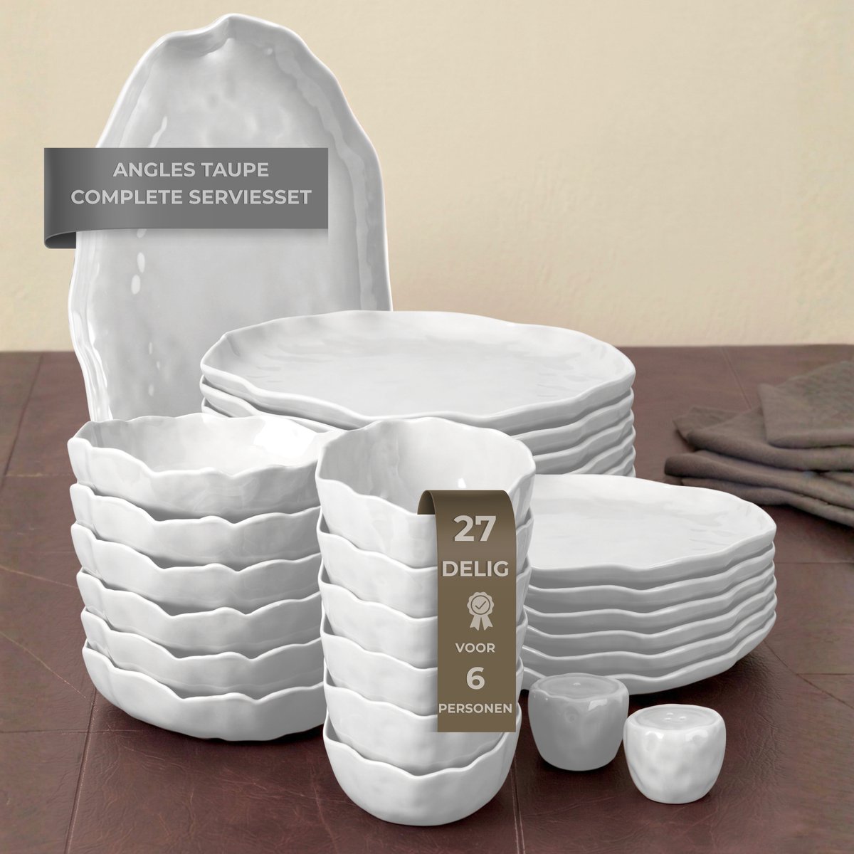 OZ Home Bricard Angles Serviesset 27-delig - Wit Porseleinen Servies - 6 Personen - Met Serveerschaal