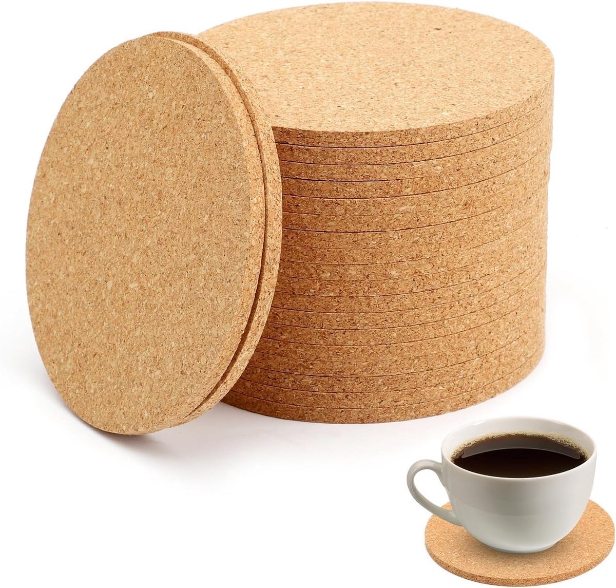 Ronde kurken onderzetters set van 20 - 10 cm, 4 mm dik, herbruikbaar en absorberend voor koffie en thee in restaurant en kantoor