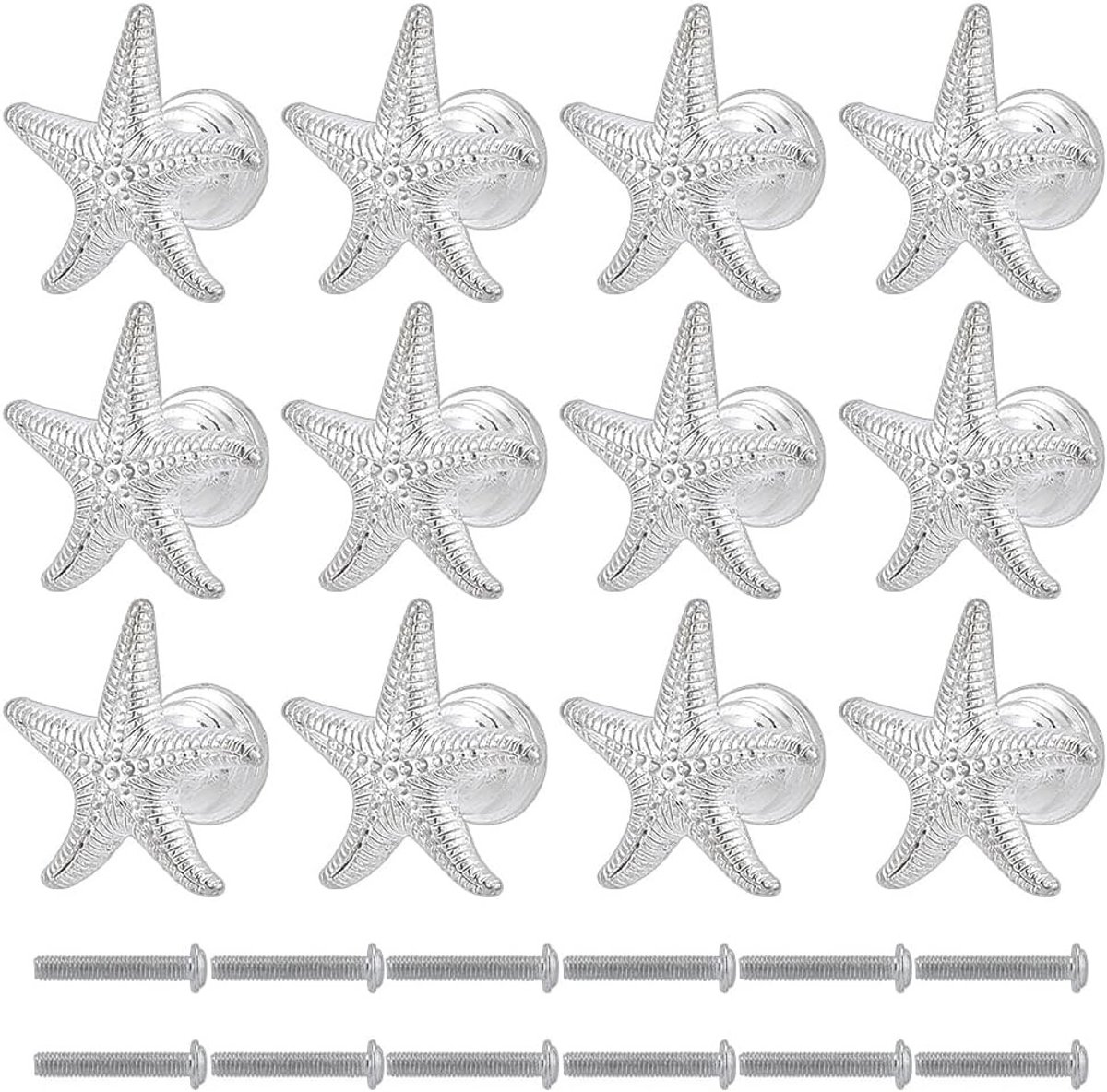 12 Stuks Zilveren Sterrenvis Vormige Kastknoppen - Nautische Oceaan Meubelgrepen voor Keuken en Badkamer Decoratie 2.8x2.8x1.8cm