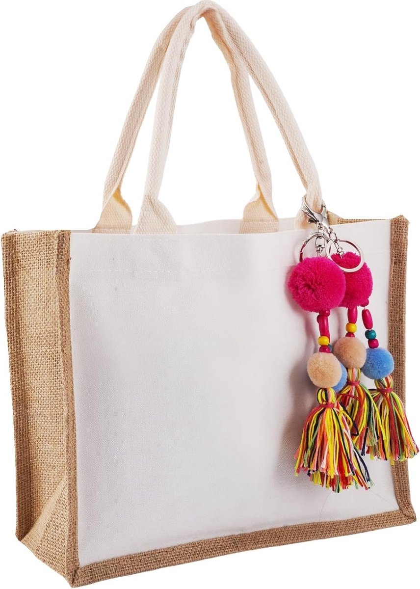 Grote Jute Tas 33x25cm met Kleurrijke Kwastjes, Ideaal voor Winkelen, Strand, en Picknicks