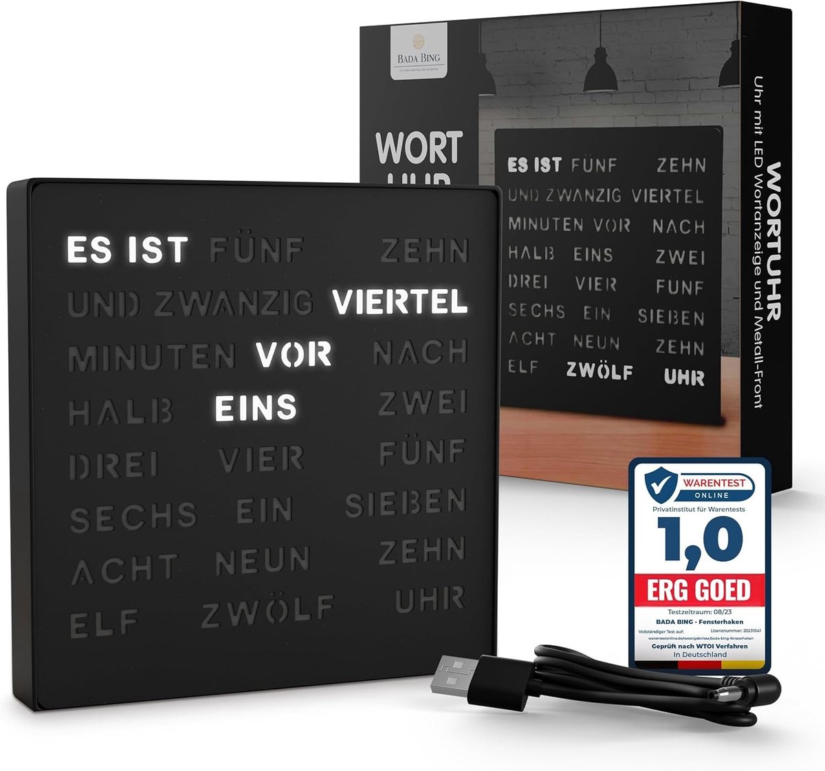 LED Woordklok - Zwart Metaal - Elegante Design - Hoogwaardige Kwaliteit - Voor Wand en Tafel