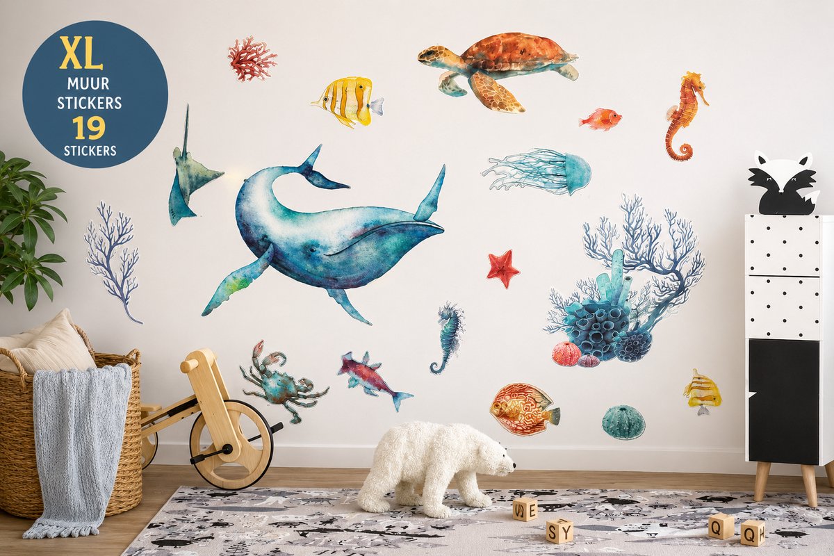 XL Muurstickers Oceaan – Walvis, Zeeschildpad & Zeedieren – 19 Herpositioneerbare Muurstickers – Kinderkamer
