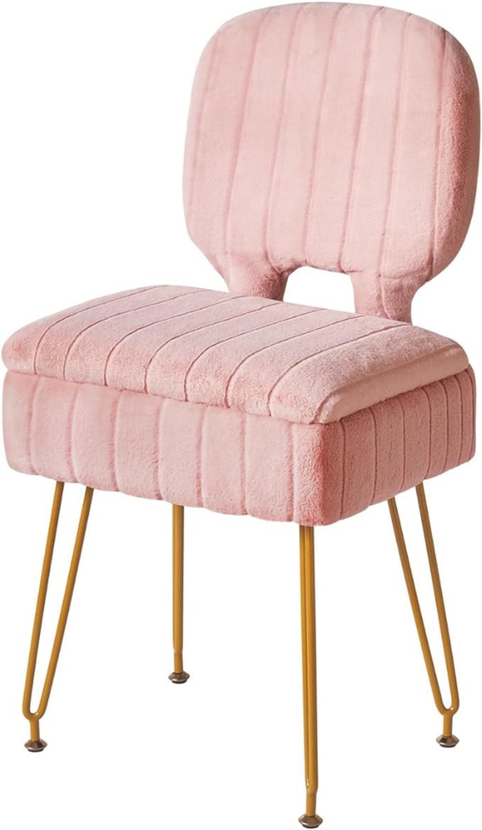 Verte Makeup Chair - Rechthoekige Make-Upstoel met Opbergruimte – Inklapbare Rugleuning – Kleine Make-Upstoel – Schattig Fluwelen Poefje voor in de Woonkamer – Met Antislipvoetjes – Roze – 42x31x72 cm