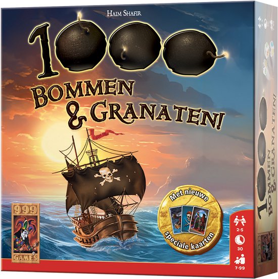 Doos van het spel "1000 Bommen & Granaten" met een piratenschip bij zonsondergang.