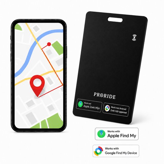 Zwarte Proride tracker kaart naast een smartphone met kaart en rode pin.