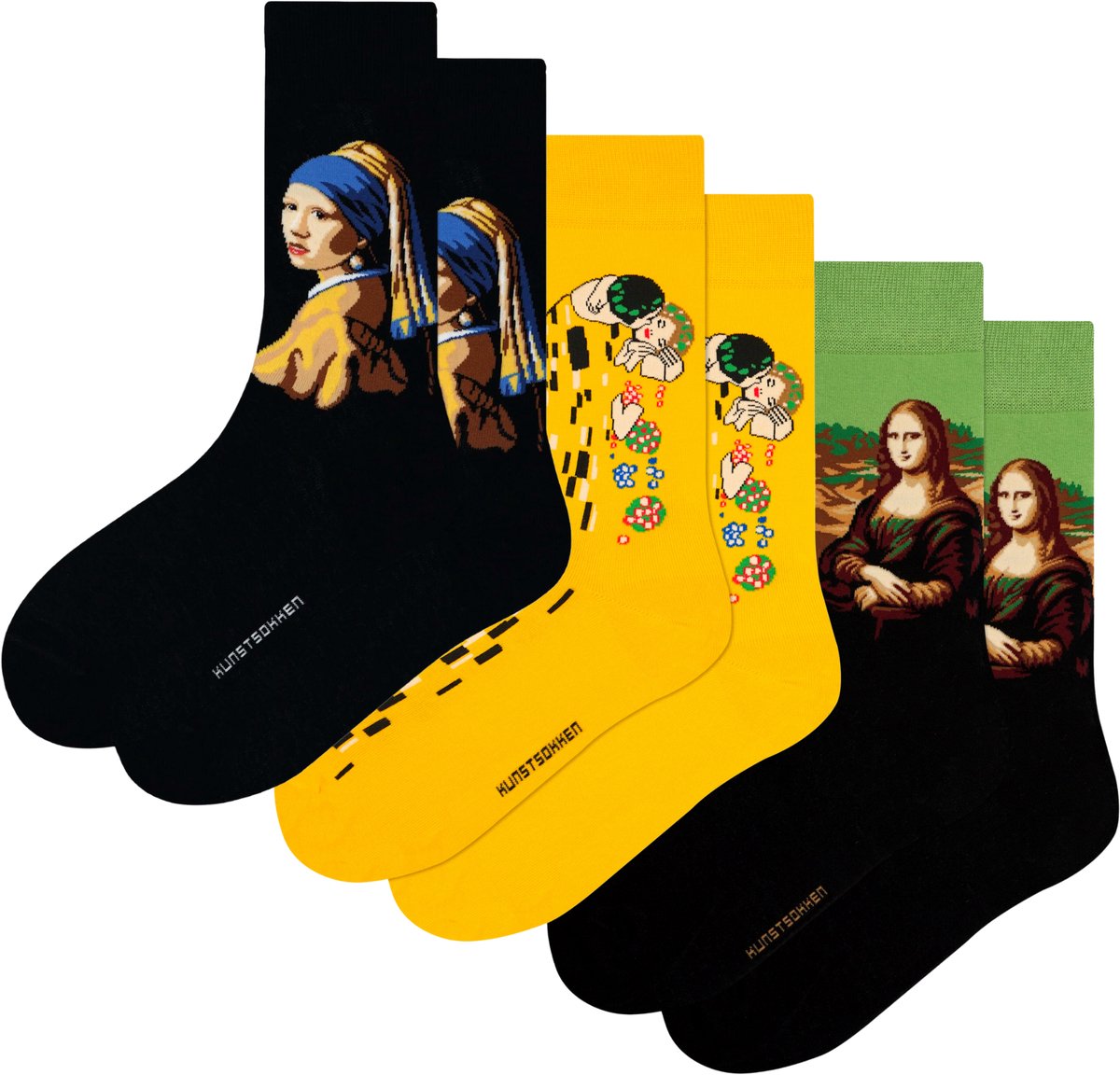 Kunst sokken - Iconic Portraits 3-Pack: Gustav Klimt, Johannes Vermeer, Leonardo da Vinci - Sokken Dames 36 40 - Biologisch Katoenen Sokken - funny socks happy - Vrolijke Sokken - Grappige Sokken - Sokken Cadeau