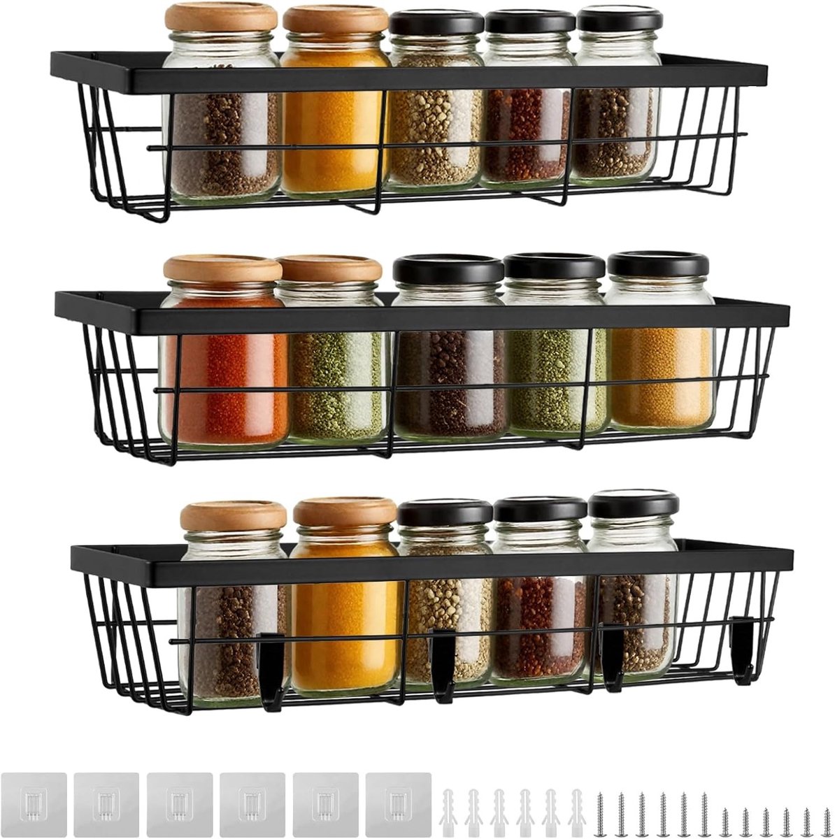 Kruidenrek voor aan de muur - Zwart Metaal - 3-delige set met 4 haken - Zonder boren - Voor Keuken, Badkamer, Kantoor