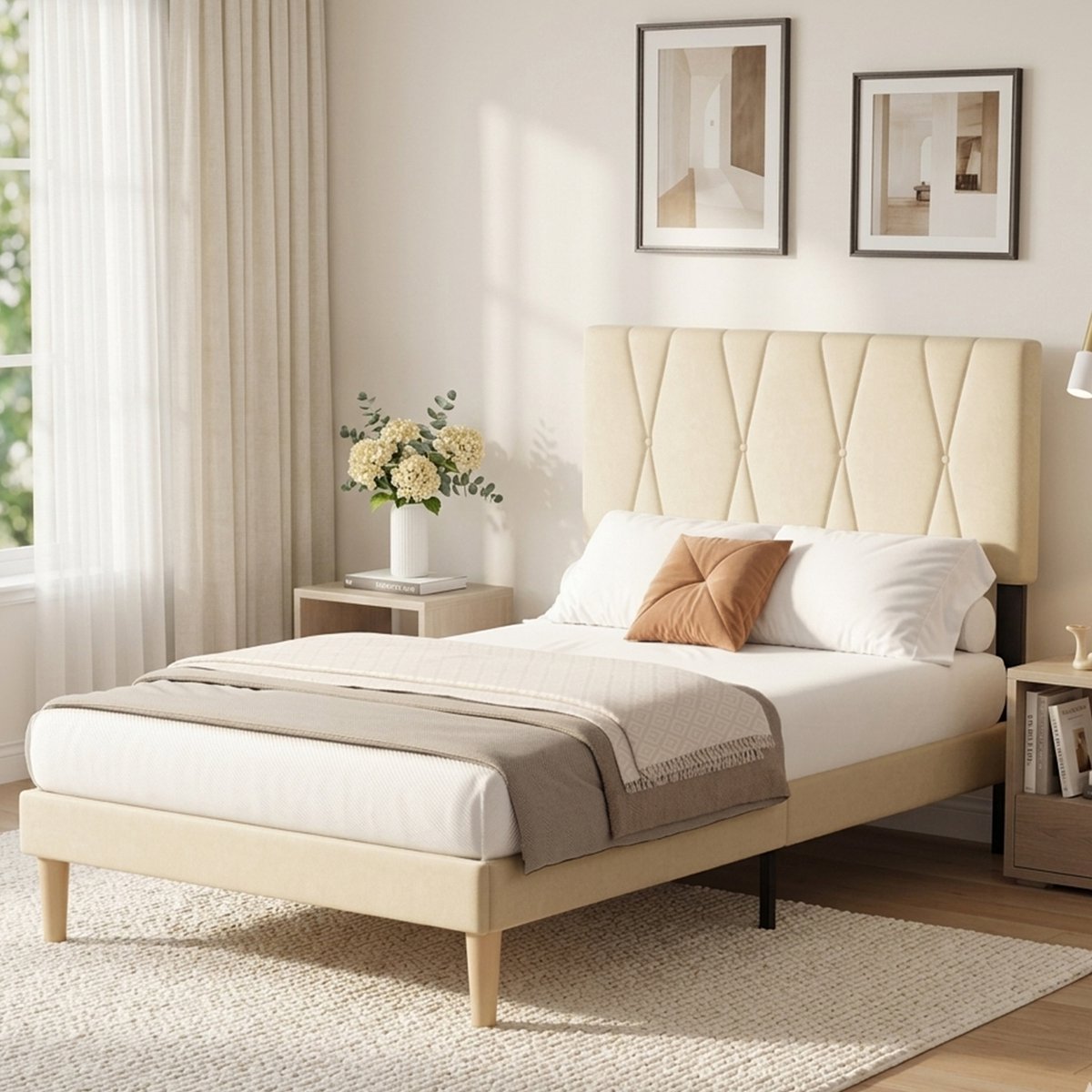 Bealife BF55 Bedframe - 120 x 200 cm - Verstelbaar Hoofdbord en Lattenbodem - Beige