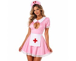 Sexy Verpleegster Lingerie Set Dames - Roze Roleplay Jurk met Hoedje, Schortje en String - One Size