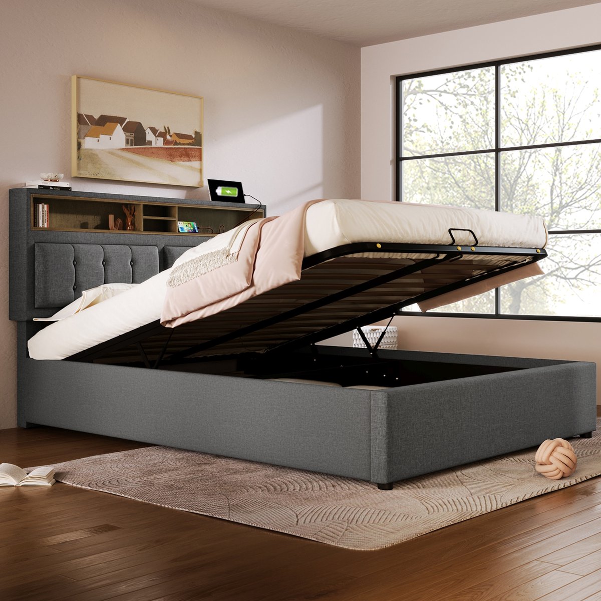 VVBV Bed met opbergruimte 160x200 / Tweepersoonsbed 160x200 – met USB, USB-C, Stopcontact, Lattenbodem – Hoofdbord – Tienerbed – Linnen – Zonder Matras Grey