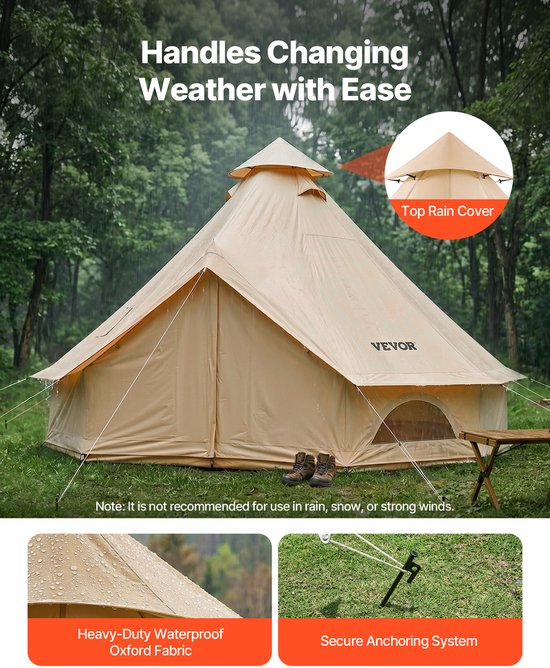 VEVOR Oxford Bell Tent, 5m Yurt, 4 Seizoenen, met Schoorsteenopening, Slaapt tot 7 Personen, met Uitneembare Vloer (Ritssluiting), Ideaal voor Gezinskamperen en Buitenactiviteiten, Beige — afbeelding 3