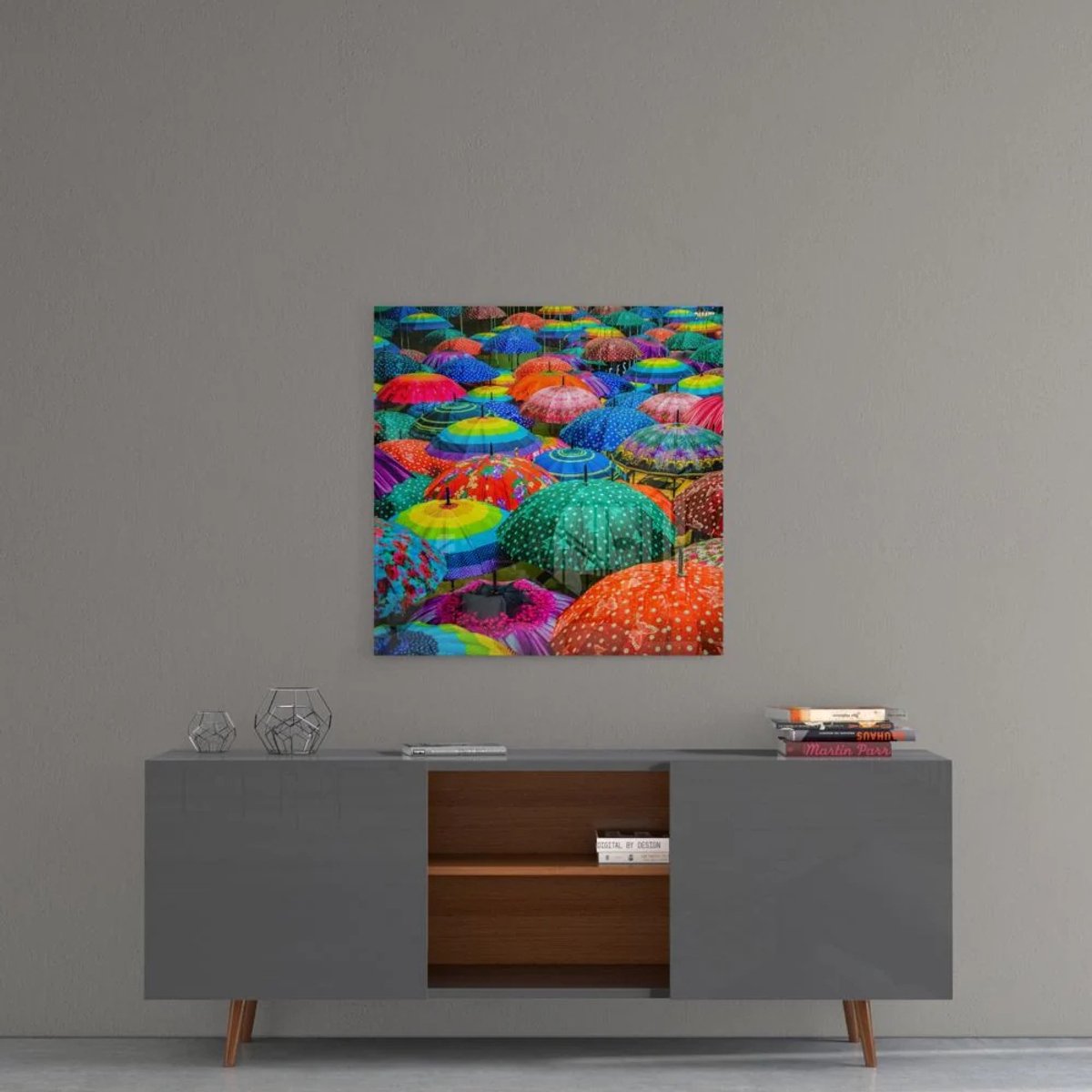 Vierkant Glasschilderij – Kleurrijke Paraplu's – Abstracte Wanddecoratie – Gehard Glas 4 mm - 80x 80 cm