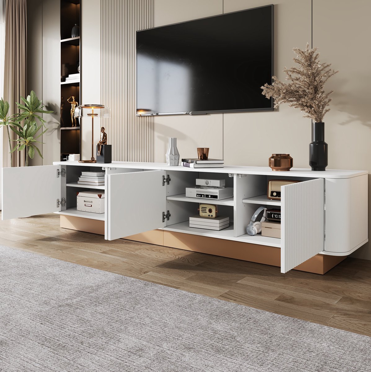 MEUNIQ tv-meubel 200 x 40 x 47,5 cm met 4 deuren, verstelbare planken en kabeldoorvoeren, tv-lowboard voor woonkamer, geribbeld front met afgeronde hoeken, wit