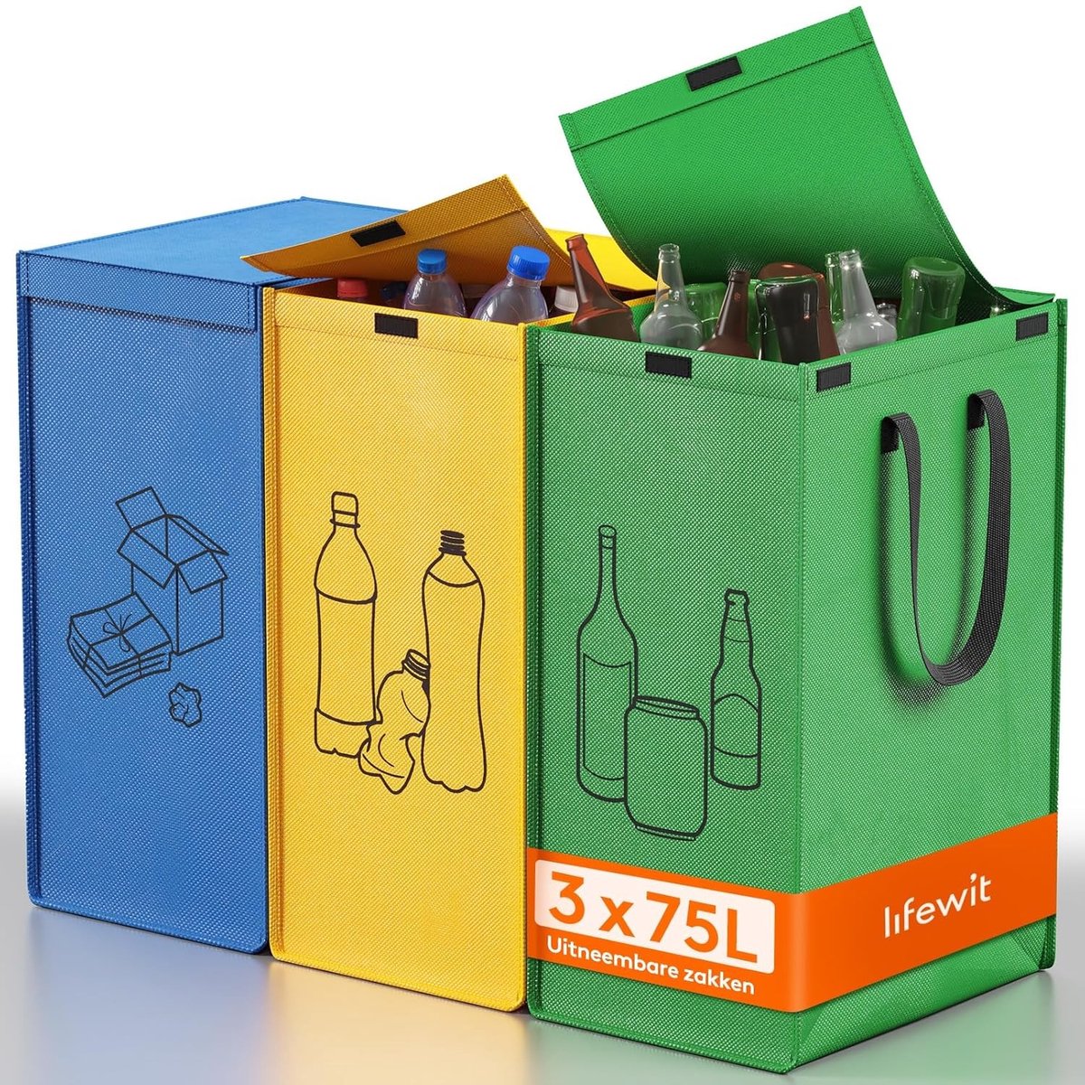 Afvalscheidingssysteem - Non-woven Materiaal - 3 Vakken voor Papier, Glas en Plastic - Eenvoudig te Legen - Voor Keuken en Bijkeuken