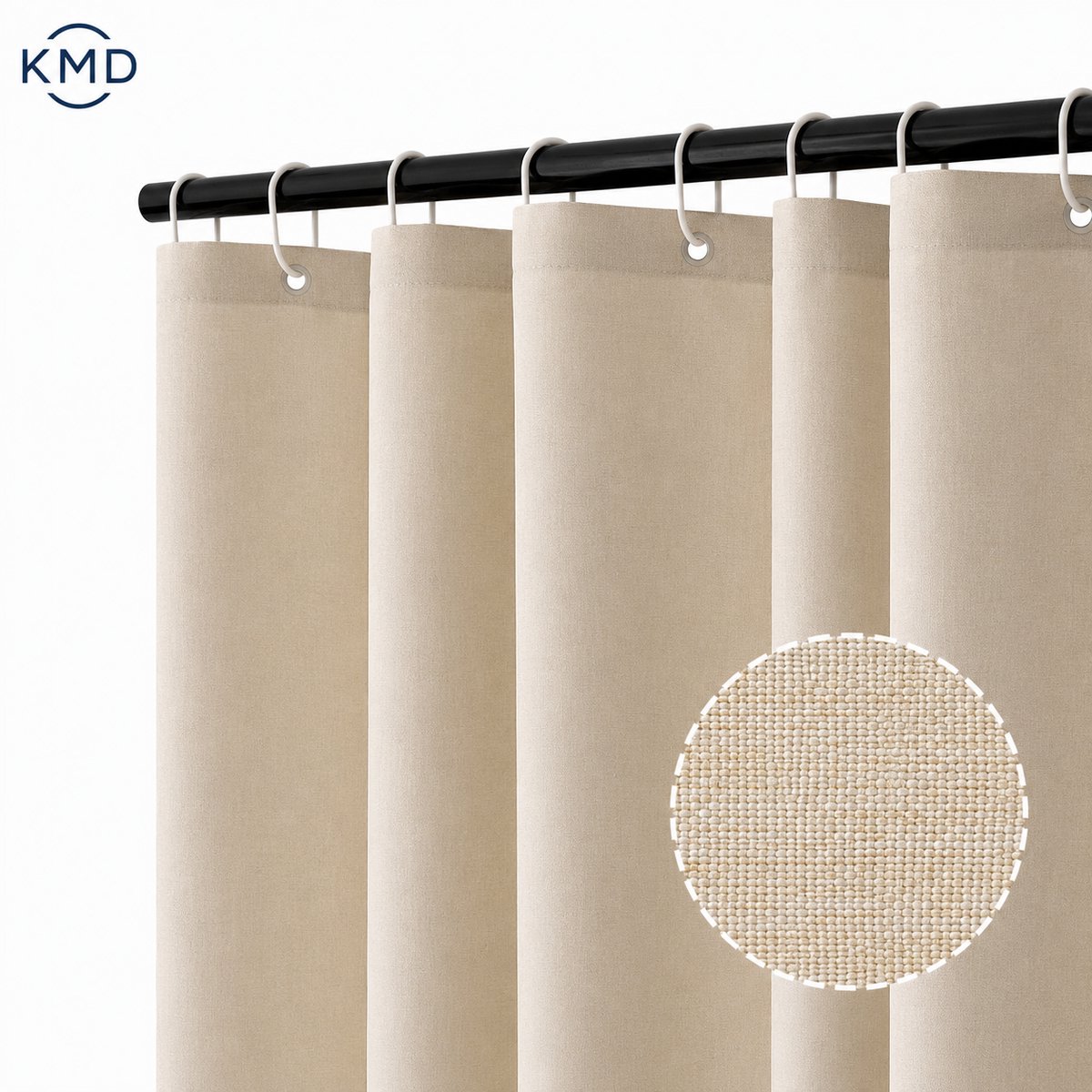 KMD Linnen douchegordijn 120 x 180 cm, waterdicht, antischimmel, wasbaar, met 8 ringen, lichtbeige