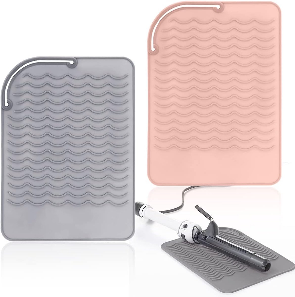 Heat Protective Mat - Siliconen Hittebestendige Mat Set - 2 Stuks Stijltang Mat - Roze en Grijs - Thermische Beschermmat - voor Krultang en Föhn - Antislip Golvend Kappersmatje tot 230 Graden - Universele Reishoes Haarstyling - Multi