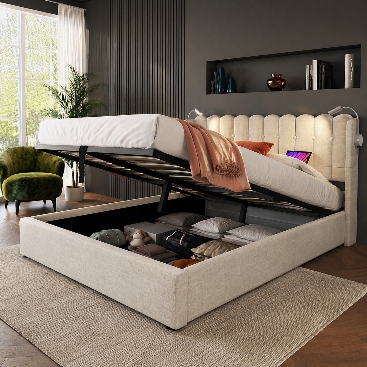 HAUSS SPOLE Bed 140x200 cm - Tweepersoonsbed Met Leeslamp en USB - Opbergruimte - Zonder Matras - Linnen - Natuurlijk Beige
