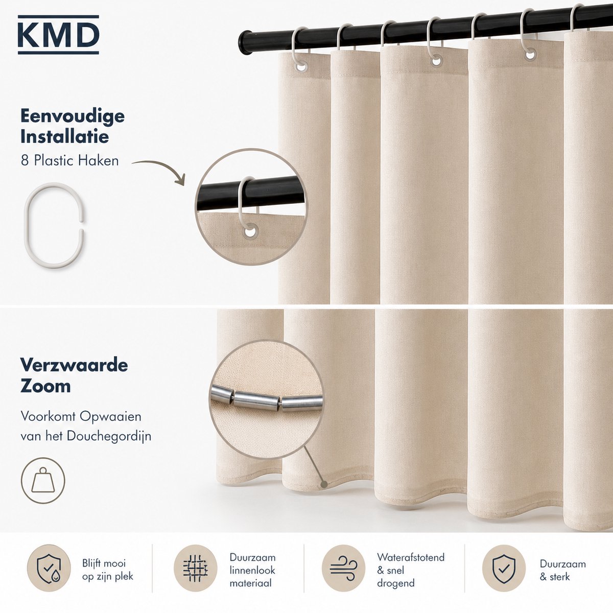 KMD Linnen douchegordijn 120x200 cm – Lichtbeige, waterdicht, antischimmel, wasbaar, met 8 ringen