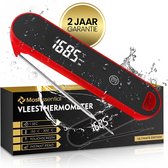 Rode digitale vleesthermometer met een roestvrijstalen staaf, met "2 JAAR GARANTIE" en "168.5°C" op het scherm.