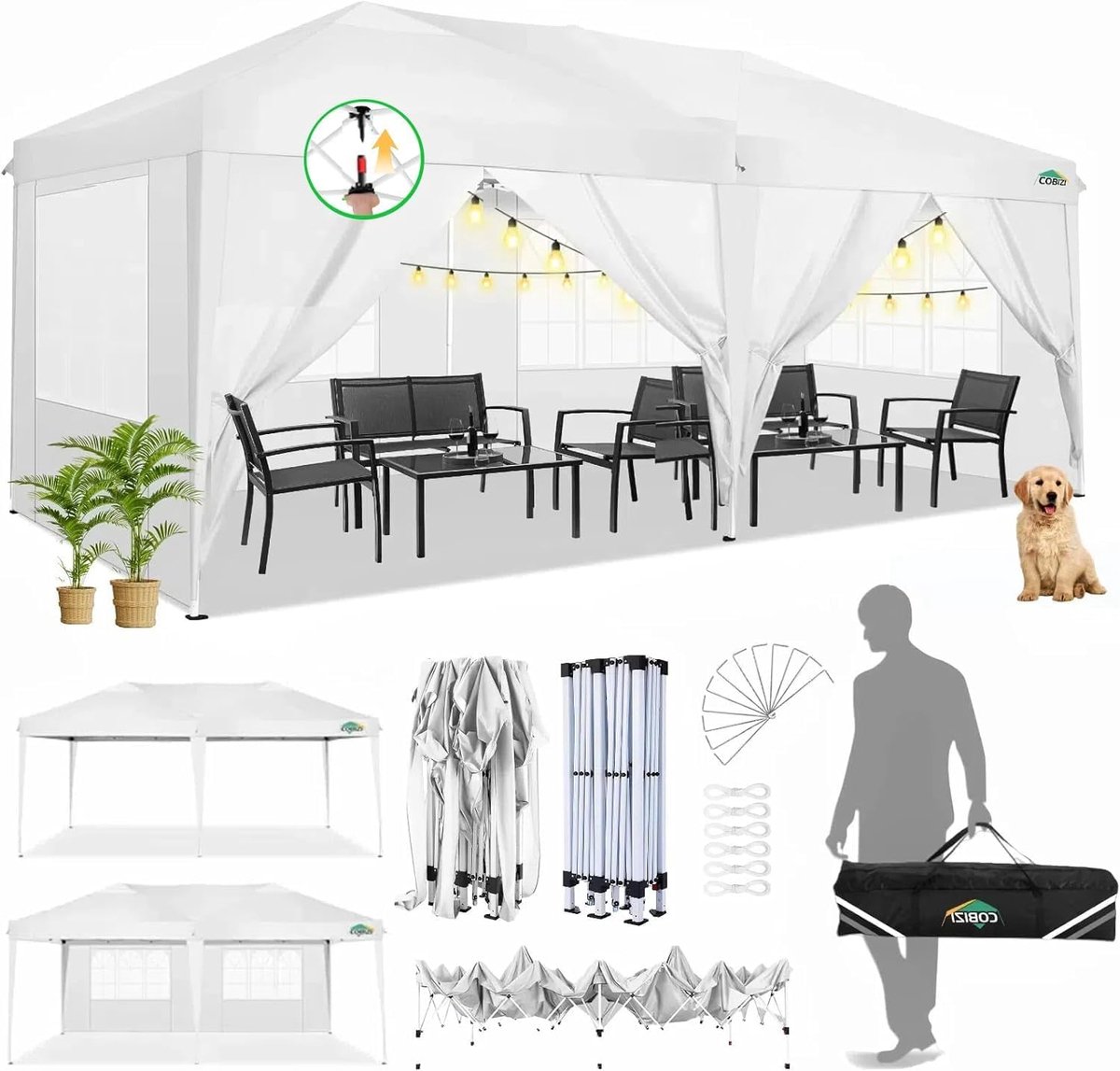 Partytent 3x6 m – Opvouwbare Pop-up Partytent met Zijwanden – Waterdicht – In Hoogte Verstelbaar – UV 50+ – Stalen Frame – Wit