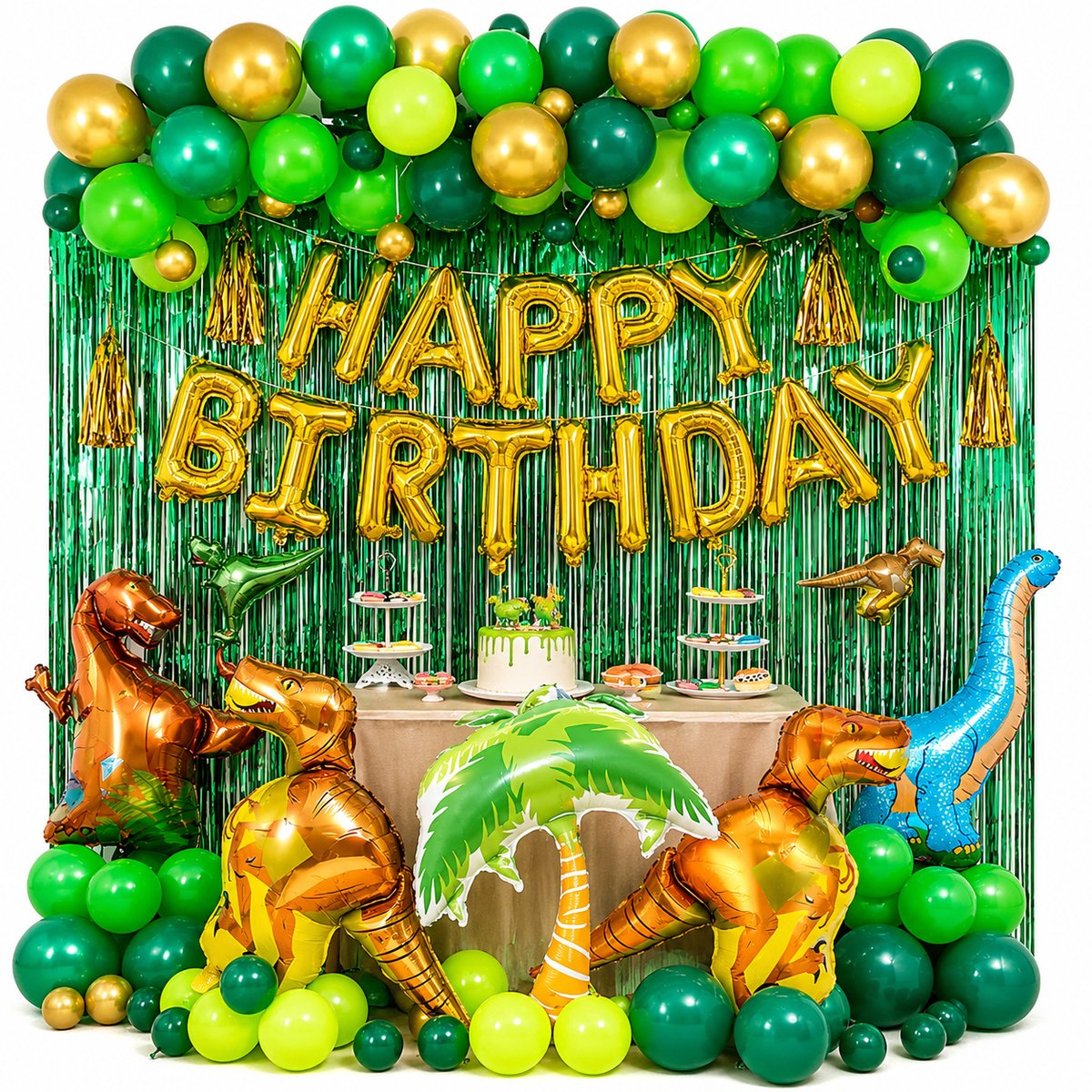 Fienosa Dino Verjaardag Versiering – 100-delige Dinosaurus Ballonnen Set – Happy Birthday Ballonnen – Kinderfeestje – Groen Goud